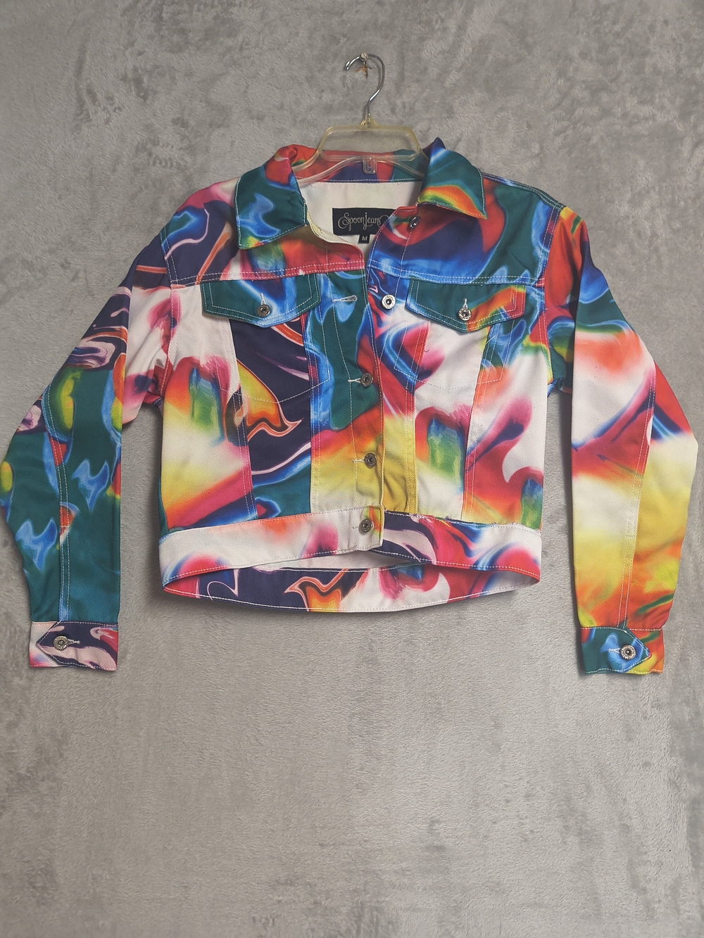 Y2K Streetwear Spoon Jeans Psychedelic Fluid Art Crop Trucker Jacket M